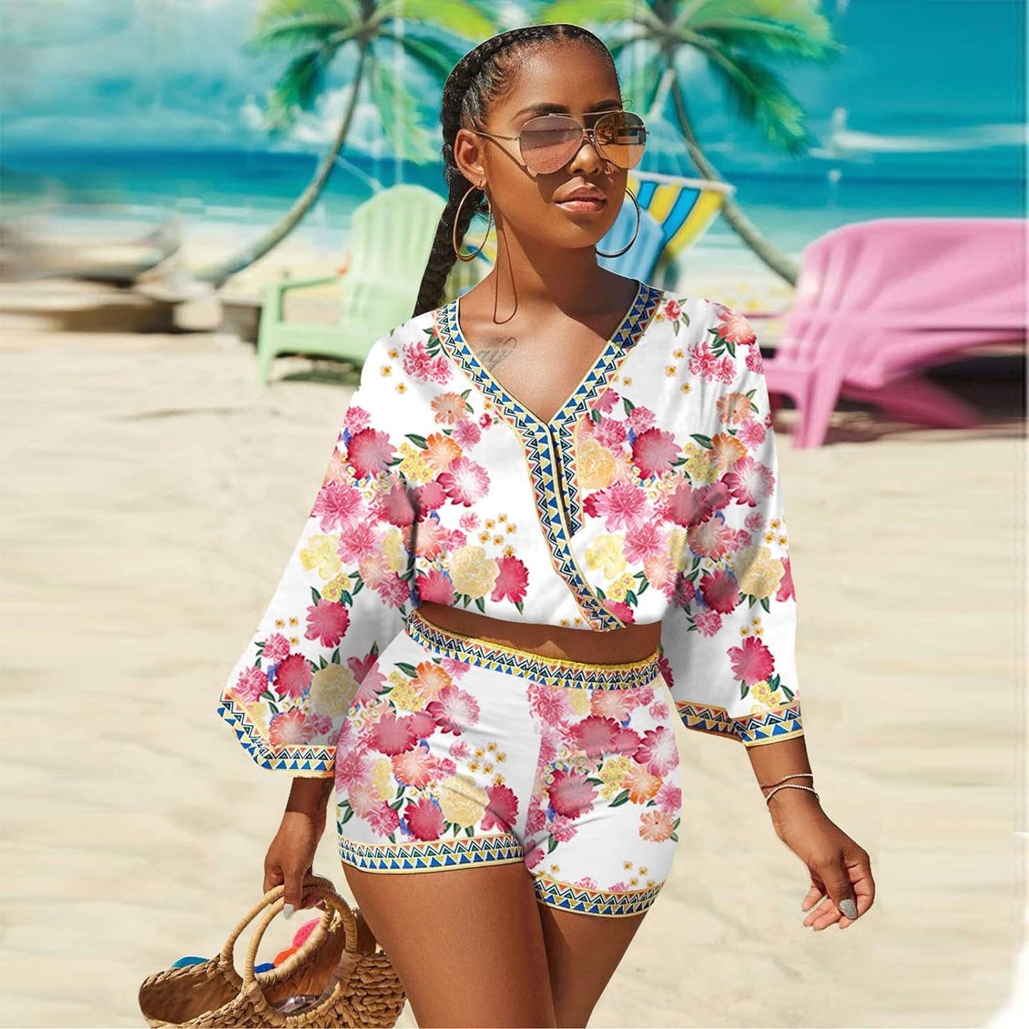 2 Piece Outfits for Women Summer Two Piece Crop Top Shorts Set Boho Floral Print Romper Jumpsuit
