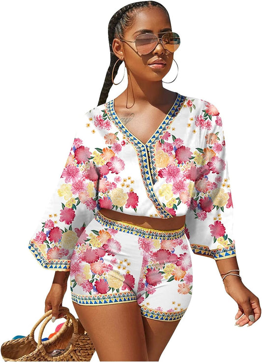 2 Piece Outfits for Women Summer Two Piece Crop Top Shorts Set Boho Floral Print Romper Jumpsuit